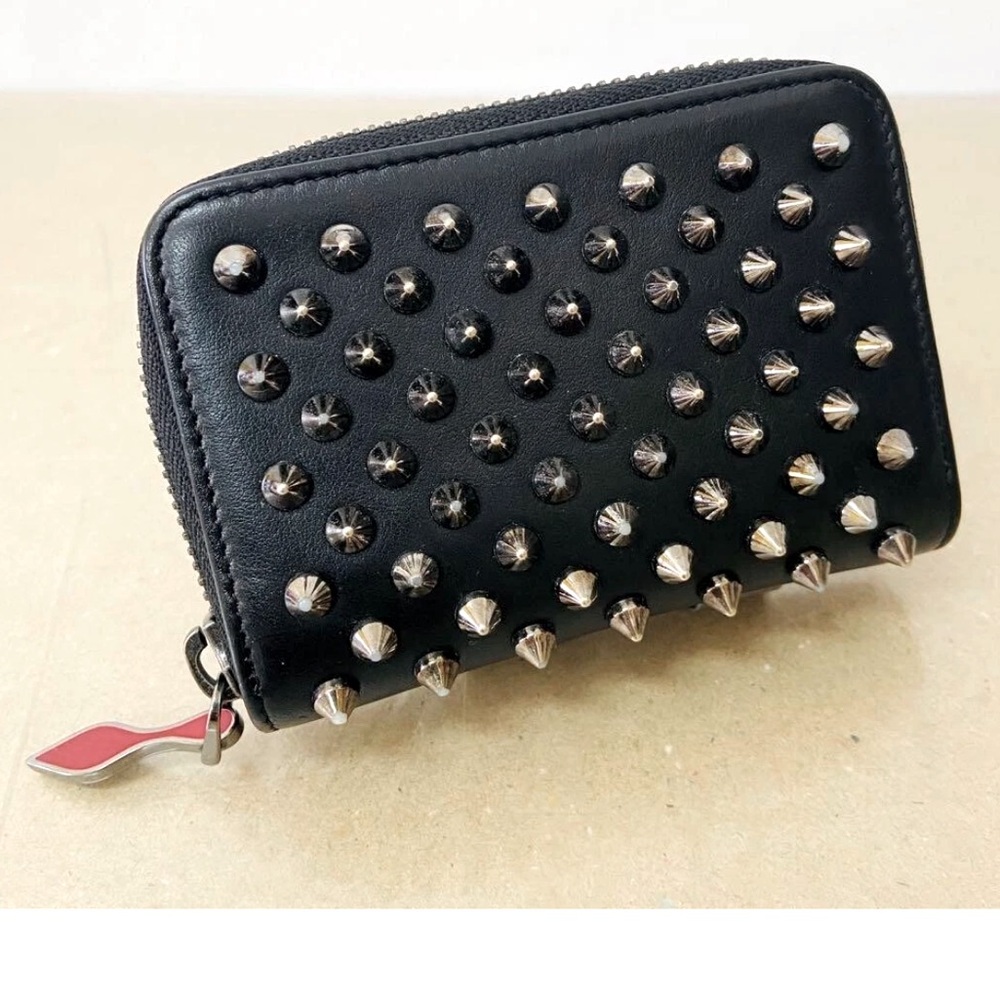 LOUBOUTIN Zippy Studded Spike Leather Compact Mini Wallet Black/ Silver